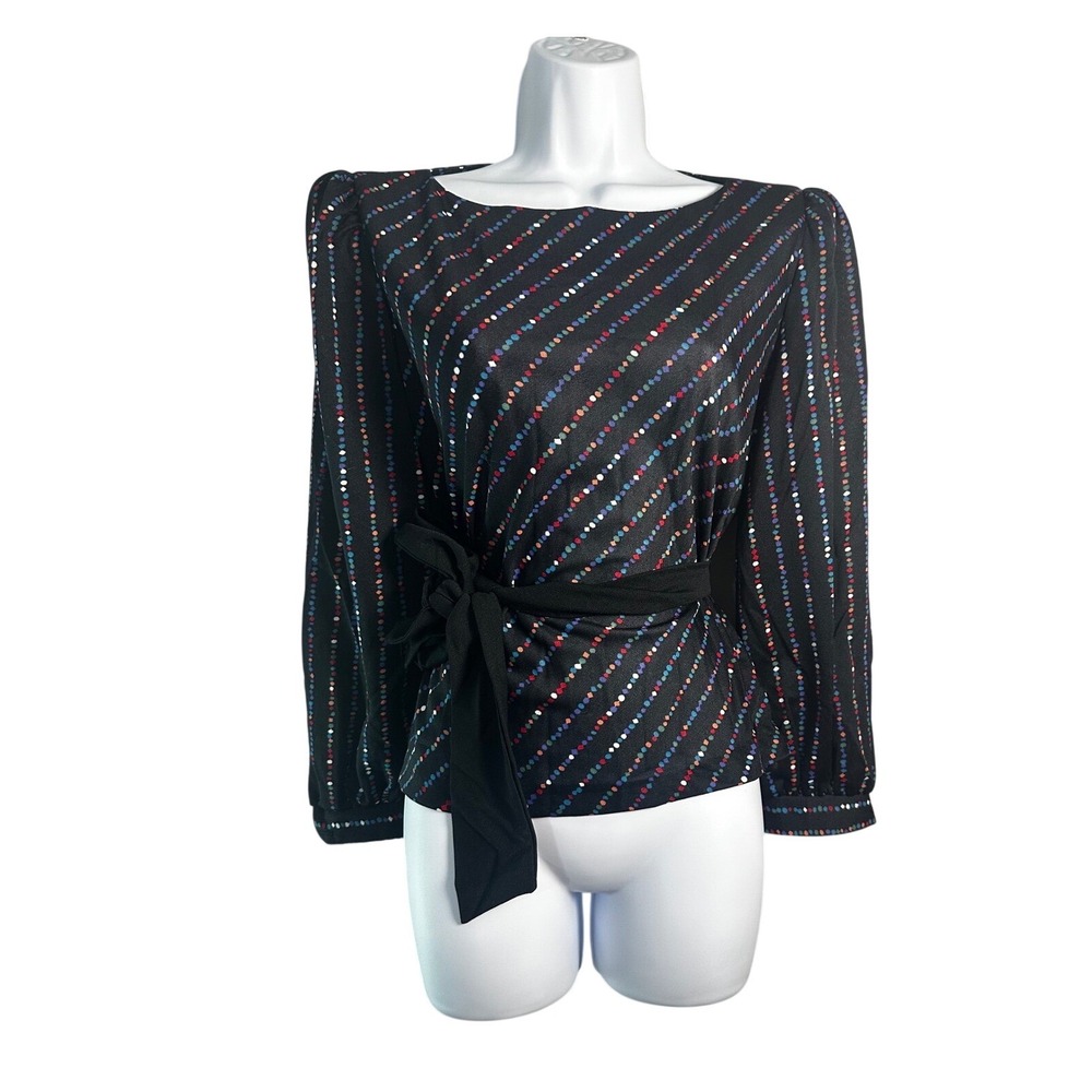 Vtg B. Altman & Co NY Rainbow Stripe Wrap Blouse 70s 80s Puff Sleeve Disco SZ 14